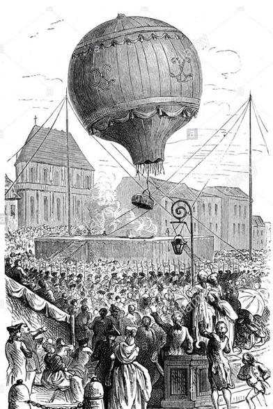 Der historische Stich zeigt den Aufstieg eines großen, reich verzierten Heißluftballons im Stil der Montgolfière, der sich über einer dicht gedrangten Menschenmenge erhebt. Im Vordergrund jubeln und winken zahlreiche Zuschauer - Manner, Frauen und Kinder -, während im Hintergrund Gebäude, eine Buhne und Rauchwolken vom Feuer der Ballonheizung zu sehen sind. Der Ballon selbst ist kugelformig, mit vertikaler Stoffstruktur, dekorativen Borten und Initialen verziert, und hängt über einer hölzernen Gondel, die gerade in die Höhe steigt.
Die Szene wirkt lebendig, voller Bewegung, Staunen und Aufbruchsstimmung, als sei der Moment der
Erfindung selbst eingefangen.
Image description (English)
The historic engraving shows a large, ornate hot-air balloon rising above a densely packed crowd of spectators. In the foreground, men, women, and children cheer and raise their arms, while smoke from the heating fire drifts upward behind a platform and surrounding buildings. The balloon is spherical, vertically ribbed, decorated with ornamental drapery and initials, and carries a small wooden gondola that is just beginning to lift. The scene is dynamic and full of excitement, capturing the very moment when human flight becomes reality.🖖