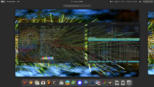 Auf dem Bild zu sehen ist mein Linux Desktop mit einem selbst Aufgenommenen Hintergrund Bild eine Kiefer aus dem Japanischen Garten in Düsseldorf 
Mein Desktop unter Fedora 43 die Nutzung von Linux und Open Source Software mit entsprechenden Messengern und Mail Anwendungen und ohne Google / Microsoft / Apple und mit KI dann wenn ich sie haben möchte ist und bleibt einfach eine bessere und auch Nachhaltigerer und vor allem Selbs bestimmender Umgang mit Informationstechnologie.
