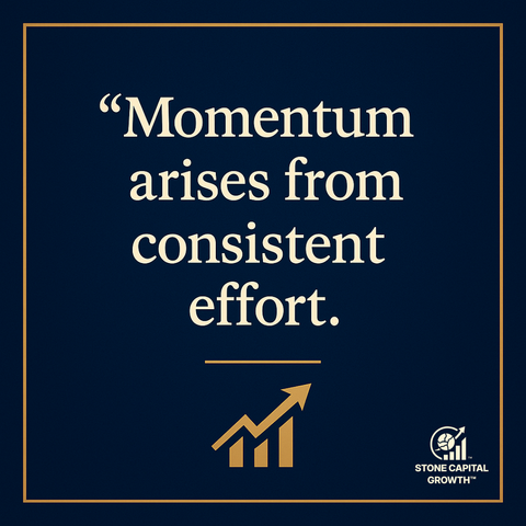 Motivational quote on warm gold gradient with upward wave symbolizing rising momentum over time