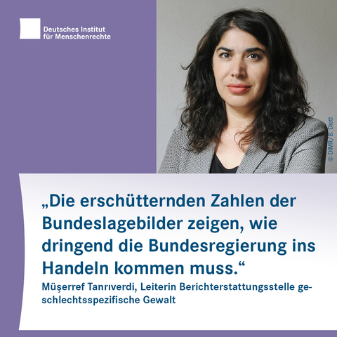 Sharepic mit dem Logo des Deutschen Instituts links oben. Rechts daneben ist ein Foto einer Person mit halblangen Haaren. Darunter folgt Text:
„Die erschütternden Zahlen der Bundeslagebilder zeigen, wie dringend die Bundesregierung ins Handeln kommen muss.“
Müşerref Tanrıverdi, Leiterin Berichterstattungsstelle geschlechtsspezifische Gewalt