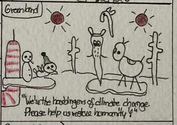 A whimsical drawing titled "Greenland" features the snowman and the weird bird with a green hat, at the other end of the sock portal of wisdom. They are facing a landscape  with two blood red suns, some cacti the background, and three strange animal creatures standing on what appears to be the last ice. The creatures look like a chestnut animal, a crying root with ears, and a cane with eyes and wings. They say „We‘re the harbingers of climate change. Please help us restore humanity!“
