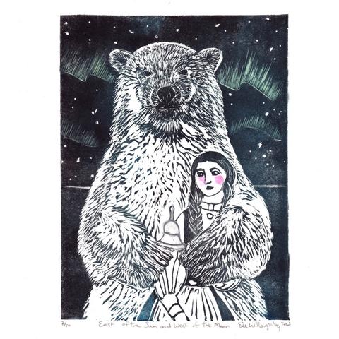 My 8” x 10” Lino block print ‘East of the Sun, West of the Moon.’ It shows a standing polar bear facing forward with one arm around a girl with braids in a dress and a bell between his paws. It’s printed in a dark blue-black. The girl has round pink cheeks. There’s a hint of silver for the bell. Behind the bear the aurora glows green.