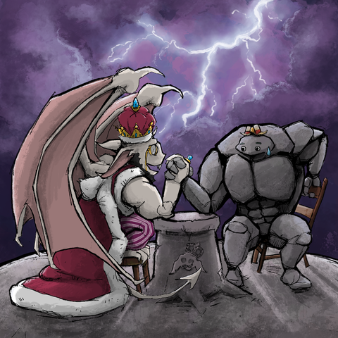 The Impreror and Rocco arm-wrestling in front of a stormy sky