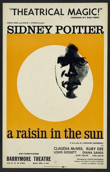 The image depicts a promotional poster for the Broadway play "A Raisin in the Sun." The central focus is an illustration of Sidney Poitier's face on a vibrant yellow background, with his name prominently displayed at the top. Below this, set against contrasting black and white sections, are additional names such as Claudia McNeil, Ruby Dee, Louis Gossett Jr., Diana Sands, John Fiedler, Ivan Dixon, and others involved in the production.

The poster includes descriptive text highlighting Poitier's role with phrases like "THEATRICAL MAGIC!" by Chapman of N.Y. Daily News, along with information about playwright Lorraine Hansberry and director Lloyd Richards. The bottom part specifies that it was directed at Barrymore Theatre on W. 57th St., featuring air-conditioned comfort.

Overall, the poster combines bold typography and a striking color scheme to capture attention while conveying essential details of the play's production team and setting.