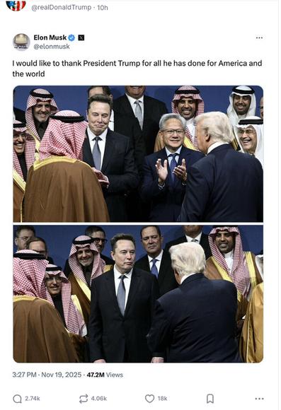 #DementiaDon shared a tweet by Elon Musk on his antisocial media platform: see screenshot to the right, please.