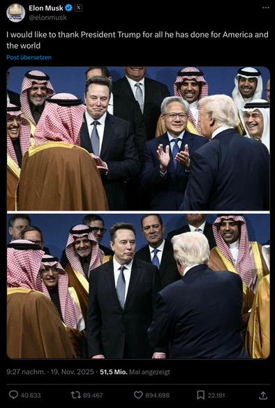 Elon Musk's tweet on his antisocial media platform formerly known as Twitter reads: "I would like to thank President Trump for all he has done for America and the world" The period at the end of his sentence is missing.
It shows two photos. Musk is surrounded by Trump and other really wealthy men, some of them belong to the Saudi delegation.