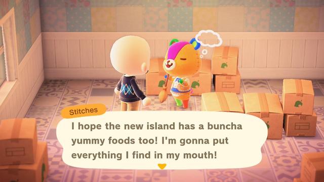 Animal Crossing: New Horizons screenshot. Set inside Stitches' house covered in sealed boxes. Stitches (patchwork bear cub) is thinking and talking to a bald, light skinned human wearing a blue argyle sweater. Stitches is speaking in a text box near the bottom of the screen which reads, "I hope the new island has a buncha yummy foods too! I'm gonna put everything I find in m mouth!"