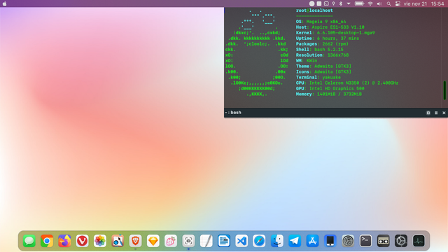 Captura de pantalla del escritorio de Mageia 9 KDE, la barra y el dock de Latte, todo personalizado como macOS. Yakuake abierto, corriendo Neofetch con las especificaciones de esta Acer Aspire ES1-533. El fondo de pantalla es un degradé de colores cálidos.