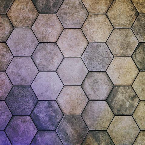 A hexagon tile floor pattern fills the frame in white and muted warm/cool tones.