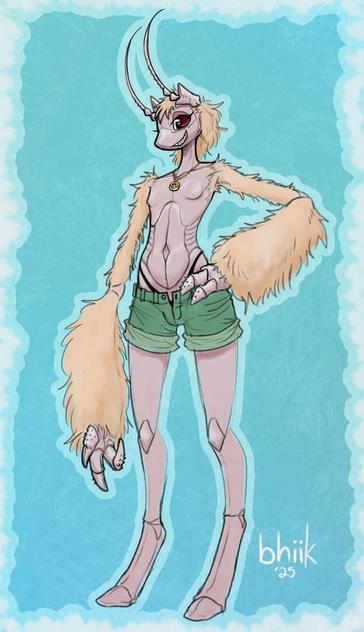 an anthro character based on a yeti crab. they are tall and slender with long, hairy arms which extend past their knees and end in three thick, claw-like finger. they have pale, pinkish skin that slightly segmented like carapace and the hair/fur on their arms and head are pale yellow. they are wearing pastel green shorts with the straps of a thong resting above the pants waistline. they have a medium, messy haircut and long antennae.