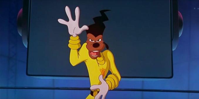 The character Powerline from 'A Goofy Movie'. An anthromorphic canine with brown skin wearing a yellow jumpsuit. Their left hand is on their waist and their right hand is held up before them with the palm facing out. behind them is a dark stage.