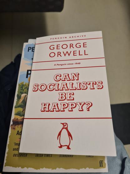 Two books. Top one says: George Orwell: Can socialists be happy? Bottom book is only partly shown.