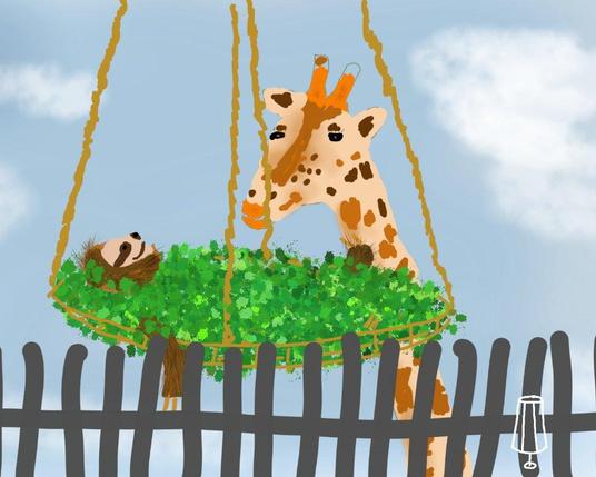 Zeichnung, digital: ein Faultier in einem hängenden Korb mit Blättern. Es schaut nur der Kopf und ein Bein und ein Fuß heraus. Hinein schaut eine Giraffe, die noch mit einem Stück Hals zu sehen ist. 
Im Vordergrund ein Zaun.