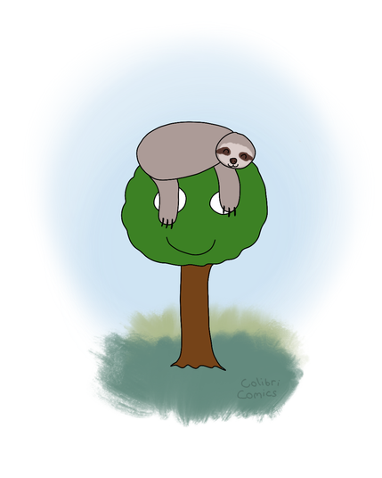 Ein relaxiertes Faultier hängt auf Baumis Baumkrone ab.