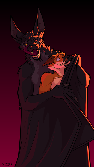 Digital drawing of a large bat furry holding a smaller fox furry before his chest covering him with his wings. The bat looks down upon the fox licking his muzzle, while the fox looks at the viewer with an expression that is a mix of fear and excitement.