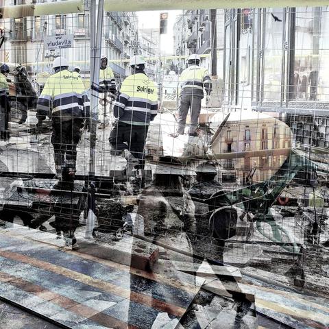 Barcelona digital edited double exposure street photography, made with the GNU Image Manipulation Program.