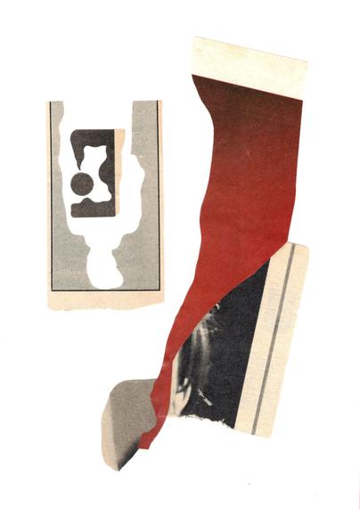 Œuvre d'art signée et datée de l'année 2025, de 14,8x21cm (5,8×8,3in), sur fond blanc réalisée en papier découpé dans des revues. Ce collage à la fois abstrait et figuratif montre deux assemblages de fragments de papier. En haut et à gauche, prenant environ un quart de la surface totale de l'image : une petite forme noire et ivoire entoure une très petite sphère noire, le tout est situé au centre d'une autre forme grisâtre, dont le cœur a été découpé, entourée d'une fine ligne noire sur fond ivoire. À droite, prenant près de la moitié de la surface totale de l'image, une longue forme au dégradé rouge est surmontée d'une petite surface ivoire et recouvre deux fragments gris et ivoire d'une part, et une très petite partie de visage difficilement reconnaissable sur fond noir d'autre part, à la droite de laquelle est collé un rectangle ivoire traversé par une fine ligne grise.