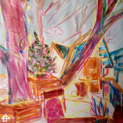 Buntsiftzeichnung mit Neonmarker, wie das erste Bild aber noch viel heller und kaum aquarelliert.