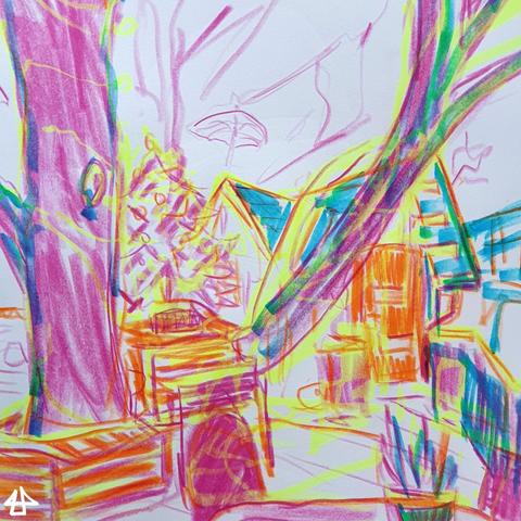 Buntsiftzeichnung mit Neonmarker, wie die ersten beiden Bilder aber noch viel heller und ohne Aquarell.