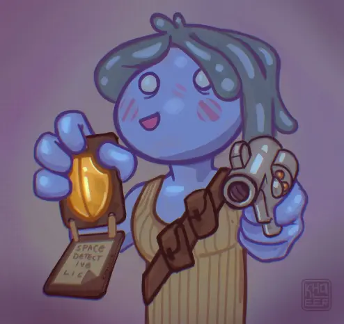 Space police license enjoyer, pointing a space revolver at the viewer. She is a slime person. Wait, what?