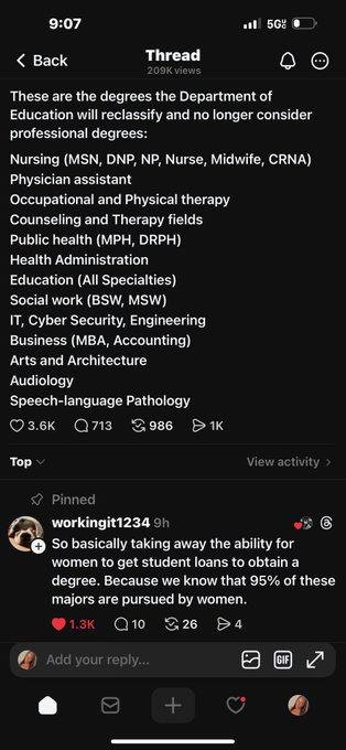 An image displaying a list of professional degrees that the Department of Education will no longer classify as professional, including fields like Nursing, Physician Assistant, and Social Work. Below the list, there's a pinned comment discussing concerns about the impact of this decision on women's..