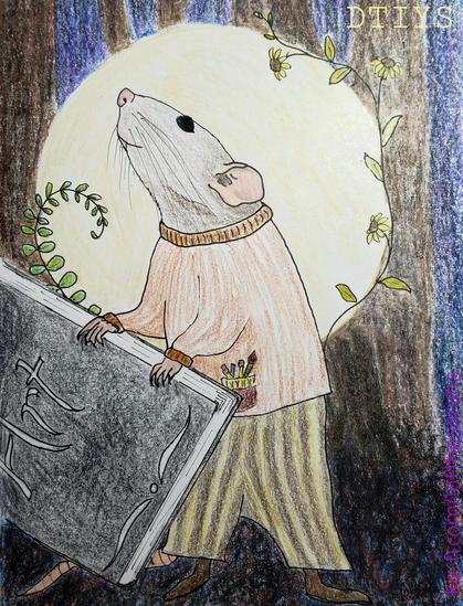 Pen and colored pencil illustration of a light brown rat in a sweater and pants with a pocket full of pencils and paintbrushes. The rat is propping up a grey sketchbook that is bigger than they are. There are a couple of flower vines and dark trees in the background.