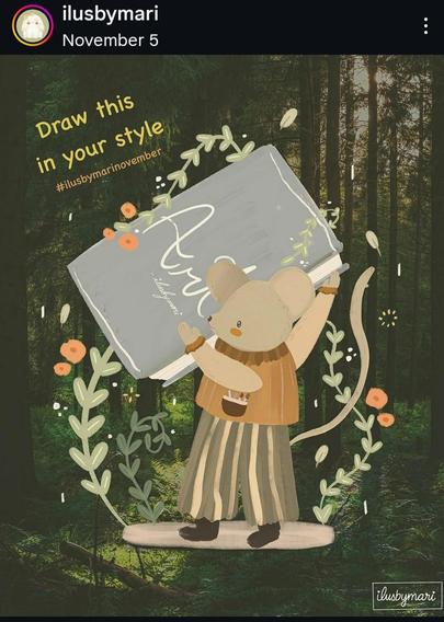 Painted illustration by @ilusbymari of a light brown rodent in a sweater and pants with a pocket full of pencils and paintbrushes. The rat is holding a grey sketchbook that is as big as they are. There are a couple of flower vines and dark trees in the background.