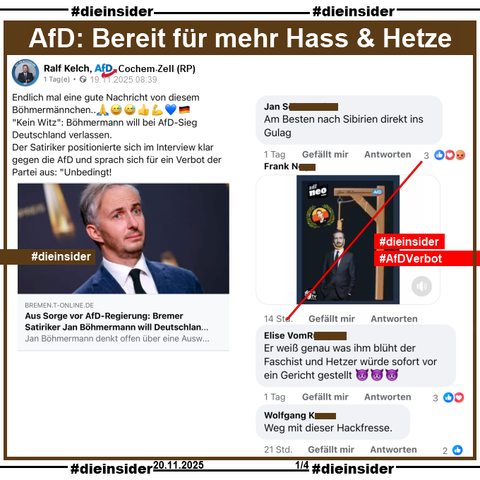 Ralf Kelch, AfD Rheinland-Pfalz KV Cochem-Zell teilt einen Bericht zu Jan Böhmermann, der sich für ein AfD Verbot ausspricht und im Falle einer AfD Regierung Deutschland verlassen will und postet 
"Endlich mal eine gute Nachricht von diesem Böhmermännchen.. 🙏😅😅👍💪💙🇩🇪  "Kein Witz": Böhmermann will bei AfD-Sieg Deutschland verlassen. Der Satiriker positionierte sich im Interview klar gegen die AfD und sprach sich für ein Verbot der Partei aus: "Unbedingt!"

Wir zeigen dazu auf Slide 1 die Kommentare 
"Am Besten nach Sibirien direkt ins Gulag.", 
ein GIF mit Jan Böhmermann am Galgen, dass wir zur Anzeige gesichert haben, 
"Er weiß genau was ihm blüht der Faschist und Hetzer würde sofort vor ein Gericht gestellt." und 
"Weg mit dieser Hackfresse."