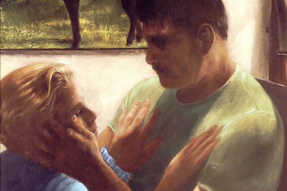 1993 Intimate Gaze

The painting depicts an intimate scene between two figures, with one placing their hands on the chest of another.
Their expressions are not visible but convey a sense of connection or emotional exchange.