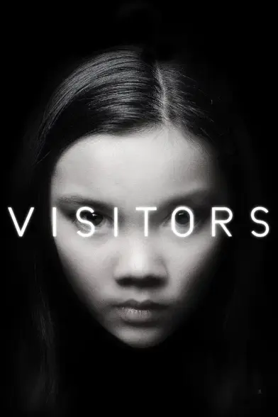 Cover of the bluray disc with a black and white photo of a girl on a black background behind the word VISITORS in white lettering.