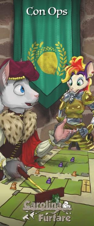 Aster, a male white squirrel dressed in princely garb, discusses strategy with Petal, a female possum dressed in shining armor. He wields a pusher over a tabletop map showing the layout of a convention center, with meeples representing assorted roles arranged on top.