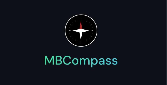 A simple dark-themed graphic showing a compass icon above the text “MBCompass.” The compass has a black circular face with a white and red needle, surrounded by small tick marks. The app name “MBCompass” is written in teal-green letters below the icon.