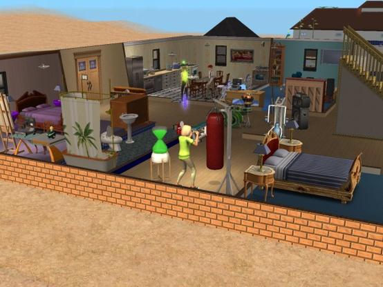 A colorful interior of a house showing various rooms, including a kitchen, living area, and bedroom, with a character working out on a punching bag.