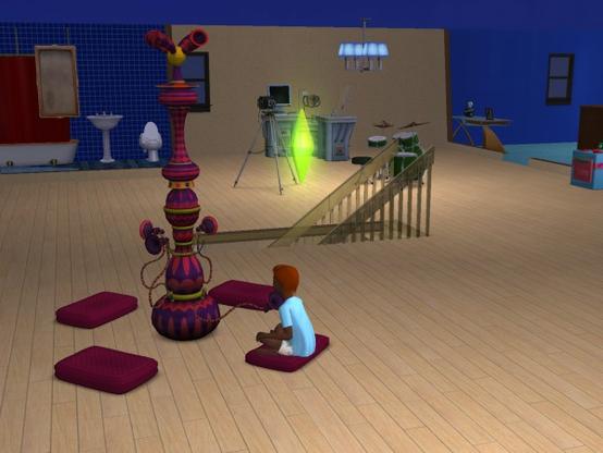 A child sitting on the floor in a brightly colored room, interacting with a unique, whimsical object while surrounded by plush cushions.