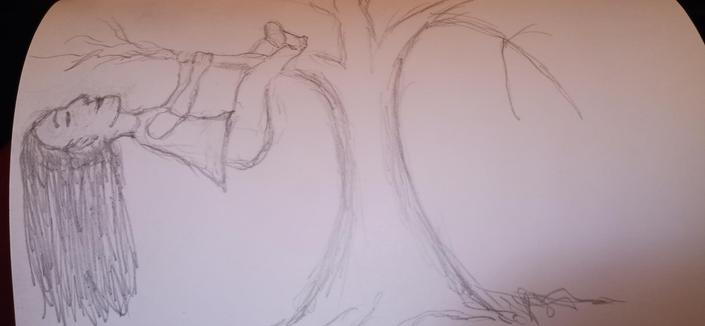 Bleistiftzeichnung.
Ein Mensch hängt in typischer Faultierpose vom Baum.