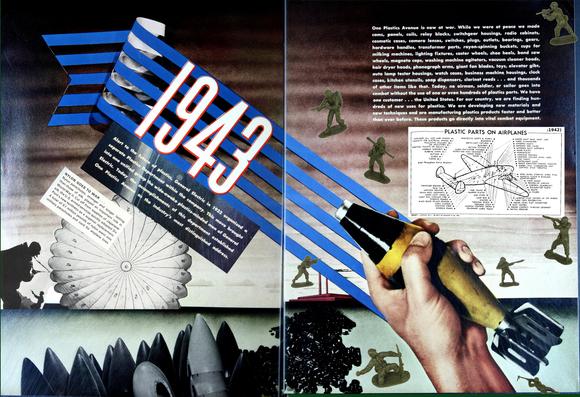 digital collage of war-time plastic use with toy soldiers, nylon parachutes, and the large text "1943"
