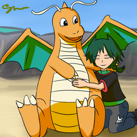 Uruto is hugging Dragonite, they are sitting in some sort of sandy beach