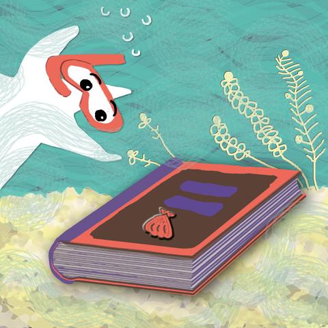 The little Fallen Star, looks at a book somebody forgot at the bottom of the sea.