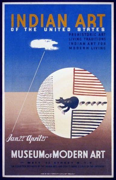 The image is a vintage poster for an exhibition at the Museum of Modern Art in New York City. The title "Indian Art of the United States" is prominently displayed at the top, with additional information including "Prehistoric art," "Living traditions," and "Indian art for modern living." A date range "Jan22-April27" indicates when the exhibition took place.
In the center of the poster, there's a striking image depicting an aboriginal-style painting within another larger circle. The inner circle contains stripes in red, white, and blue colors with a black silhouette that appears to be a bird or mythical creature against this backdrop. Above it, on a plain background, is a depiction of a cloud and what looks like the Northern Lights.
Below the central image, there's text providing more details about the event: "MuseumofModern Art" followed by its address in New York City. The bottom right corner has small print that states something was printed with Indian art crafts at MoMA, suggesting it might have been created or inspired by native American artists themselves.
The overall color palette consists of a muted brown for the background and vibrant blues and reds within the central artwork.