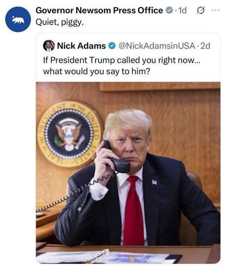 A tweet from “Governor Newsom Press Office” reads: “Quiet, piggy.”
Below is a tweet from “Nick Adams” saying: “If President Trump called you right now… what would you say to him?” The attached image shows Trump sitting at a desk, holding a phone to his ear with the presidential seal on the wall behind him.