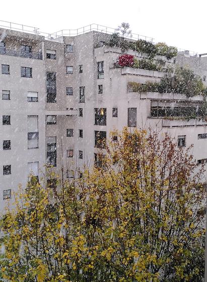 Photographie depuis une fenêtre, d'un immeuble récent avec un escalier de terrasses avec des plantations, avec des flocons de neige qui tombent