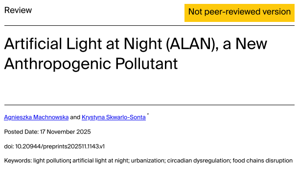 Cover page of the paper "Artificial Light at Night (ALAN), a New
Anthropogenic Pollutant" listing its title, authors, DOI, and keywords.