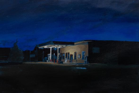 work in progress oil painting of a gas station near Pecos NM before dawn