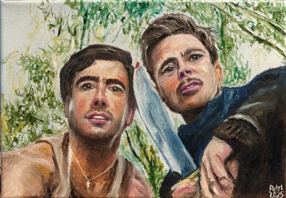 An oil painting inspired by a low-angle “trunk shot” scene from Inglourious Basterds. Two men lean over from above, framed by bright daylight and dense green foliage. Both figures stare downward with intense expressions; one holds a large knife. The brushwork is vivid and textured, with warm skin tones contrasting against the lively green background. The painting captures tension, urgency, and the stylized pulp energy of the film.