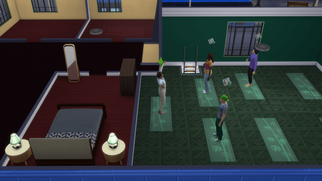 Interior of a room featuring a bed, a mirror, and four characters standing on green yoga mats, with some cash floating in the air.