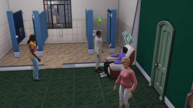 A scene in a restroom featuring three characters: one walking in casual clothes, one sitting and another standing near two bathroom stalls.