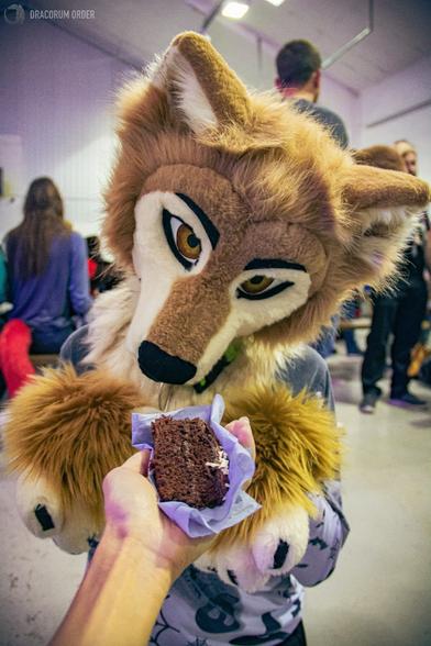 Garth the werewolf staring down at a slice of chocolate cake being held out on a napkin