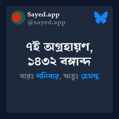 আজকের বাংলা তারিখ: ৭ই অগ্রহায়ণ, ১৪৩২ বঙ্গাব্দ