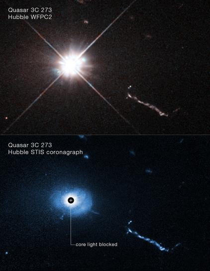 A Hubble Space Telescope image of the core of quasar 3C 273. A coronagraph on Hubble blocks out the glare coming from the supermassive black hole at the heart of the quasar. This allows astronomers to see unprecedented details near the black hole such as weird filaments, lobes, and a mysterious L-shaped structure, probably caused by small galaxies being devoured by the black hole. Located 2.5 billion light-years away, 3C 273 is the first quasar (quasi-stellar object) ever discovered, in 1963. NASA, ESA, Bin Ren (Université Côte d’Azur/CNRS) John Bahcall (IAS)