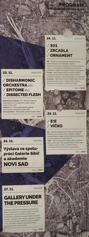 A piece of poster for venue Sibir, which pictures individual posters for each particular date with the names of the bands and a description in Czech.